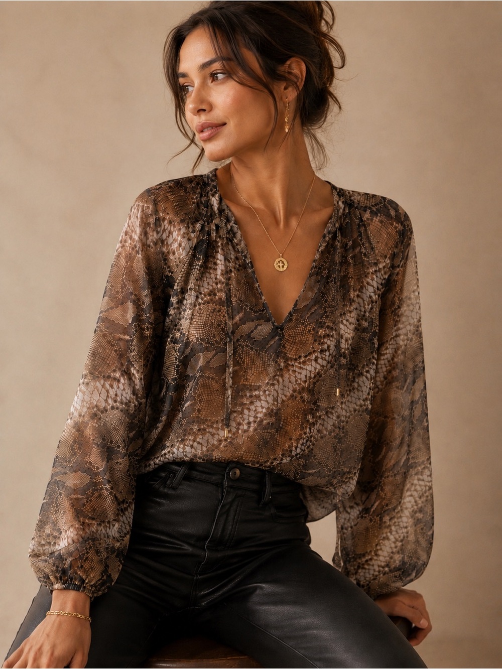 Karlie Neutral Brown Snakeskin Print Semi Sheer Tie Front Flowy Long Sleeve Top